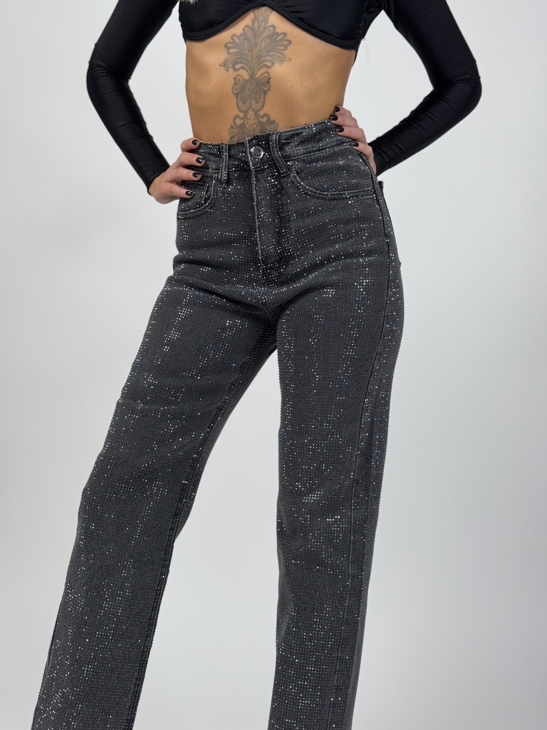 Jeans wide leg antracit cu ștrasuri