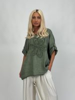 Bluză din in cu mânecă 3/4 și floare aplicată - imagine 13