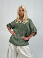 Bluză din in cu mânecă 3/4 și floare aplicată - imagine 15