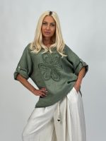 Bluză din in cu mânecă 3/4 și floare aplicată - imagine 14