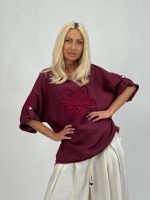 Bluză din in cu mânecă 3/4 și floare aplicată - imagine 11