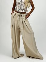 Pantalon larg cu pense și cordon în talie - imagine 27