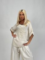 Bluză din in cu mânecă 3/4 și floare aplicată - imagine 6