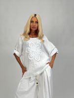 Bluză din in cu mânecă 3/4 și floare aplicată