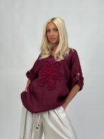 Bluză din in cu mânecă 3/4 și floare aplicată - imagine 10