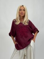 Bluză din in cu mânecă 3/4 și floare aplicată - imagine 9