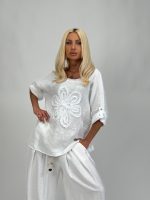 Bluză din in cu mânecă 3/4 și floare aplicată - imagine 2
