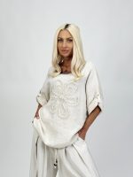 Bluză din in cu mânecă 3/4 și floare aplicată - imagine 8