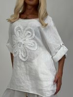 Bluză din in cu mânecă 3/4 și floare aplicată - imagine 5