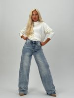 Jeans | Blug wide leg albastru cu ștrasuri și talie înaltă