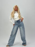 Jeans | Blug wide leg albastru cu ștrasuri și talie înaltă - imagine 2