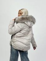 Jachetă asimetrică cu glugă și blană detașabilă - imagine 6