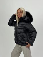 Jachetă asimetrică cu glugă și blană detașabilă - imagine 16