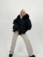 Jachetă din fâș cu mâneci din tricot și blană detașabilă - imagine 19