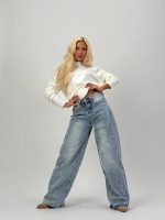 Jeans | Blug wide leg albastru cu ștrasuri și talie înaltă - imagine 3