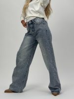 Jeans | Blug wide leg albastru cu ștrasuri și talie înaltă - imagine 5