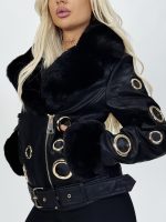 Jachetă din ecopiele cu blană și cercuri aurii - imagine 5