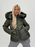 Jachetă asimetrică cu glugă și blană detașabilă - imagine 9