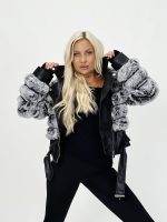 Jachetă din ecopiele cu blană gri - imagine 4