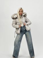 Jachetă asimetrică cu glugă și blană detașabilă - imagine 7