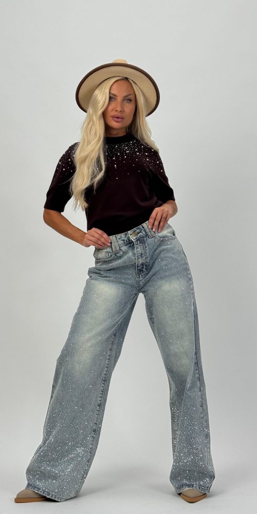 Jeans | Blug wide leg cu ștrasuri