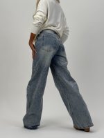 Jeans | Blug wide leg albastru cu ștrasuri și talie înaltă - imagine 7