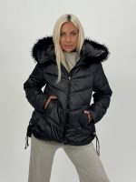 Jachetă asimetrică cu glugă și blană detașabilă - imagine 15