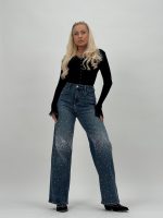 Jeans | Blug wide leg cu ștrasuri frontale