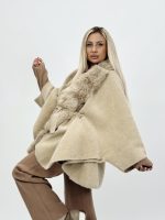 Poncho cu blană și cordon în talie - imagine 9