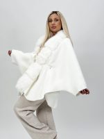 Poncho cu blană și cordon în talie - imagine 14