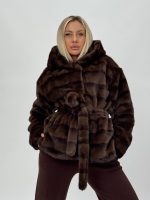 Jachetă scurtă din blană cu glugă și cordon - imagine 3