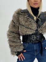 Jachetă din ecopiele și blană cu catarame - imagine 12