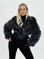 Jachetă din ecopiele și blană cu catarame - imagine 7