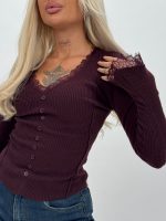 Pulover din jerse rigat cu dantelă - imagine 7