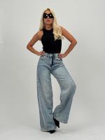 Jeans | Blug wide leg bleu cu ștrasuri - imagine 7