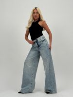 Jeans | Blug wide leg bleu cu ștrasuri - imagine 2