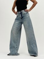 Jeans | Blug wide leg bleu cu ștrasuri - imagine 4
