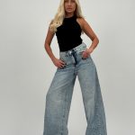 Jeans | Blug wide leg bleu cu ștrasuri