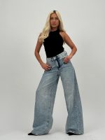 Jeans | Blug wide leg bleu cu ștrasuri