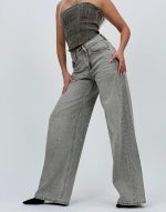 Jeans | Blug wide leg gri cu ștrasuri - imagine 3