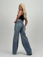 Jeans | Blug wide leg albastru cu ștrasuri - imagine 4
