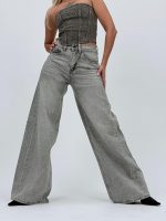 Jeans | Blug wide leg gri cu ștrasuri - imagine 2