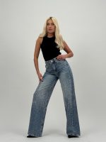 Jeans | Blug wide leg albastru cu ștrasuri