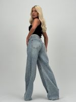Jeans | Blug wide leg bleu cu ștrasuri - imagine 3