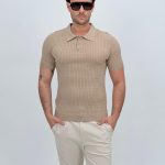 Tricou polo din tricot subțire cu model torsade