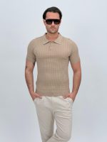 Tricou polo din tricot subțire cu model torsade