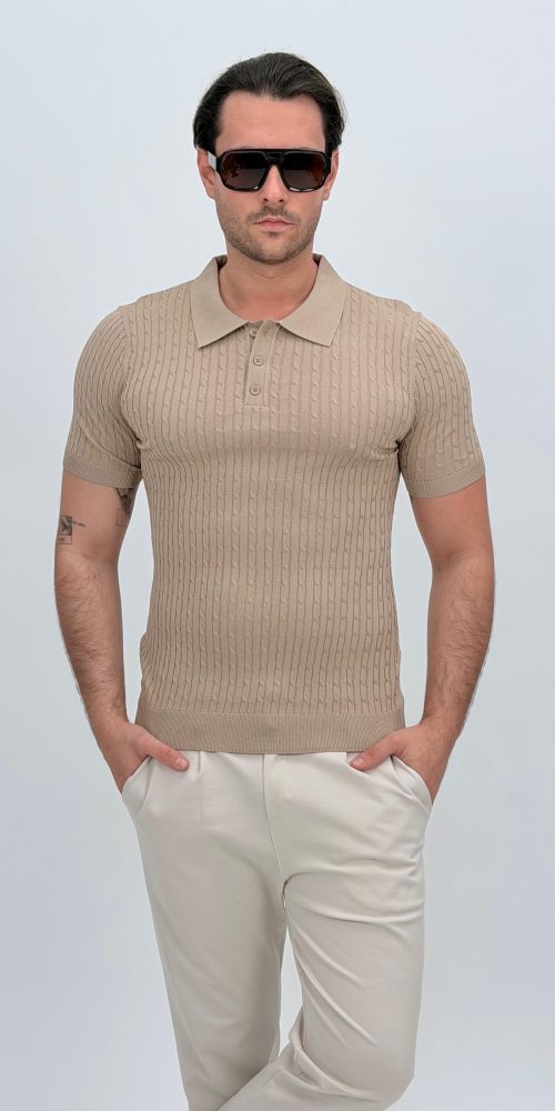 Tricou polo din tricot subțire cu model torsade