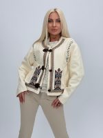 Jachetă crem din denim cu guler tunică