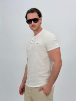 Tricou din in cu guler tunică și 4 nasturi