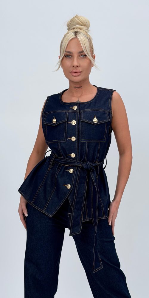 Vestă din denim cu butoni aurii și cordon
